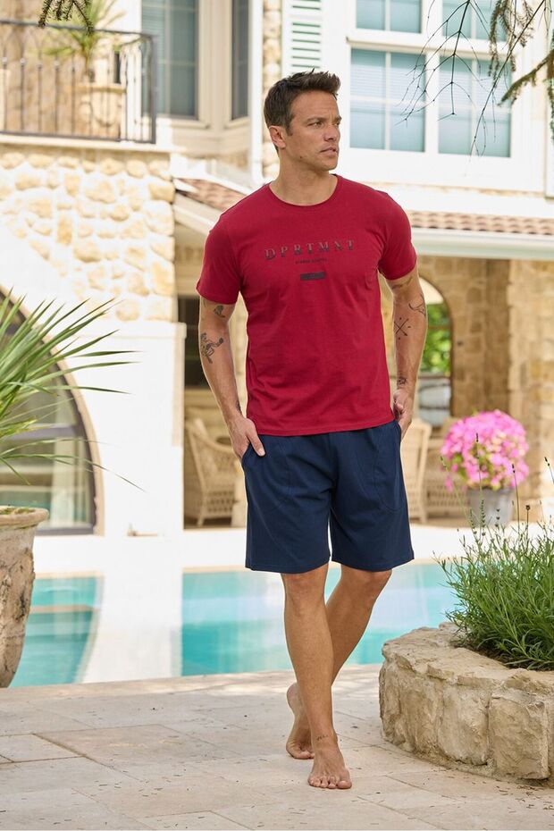Men's 100% Organic Cotton Claret Red Short Sleeve Natural Pajama Set with Shorts
