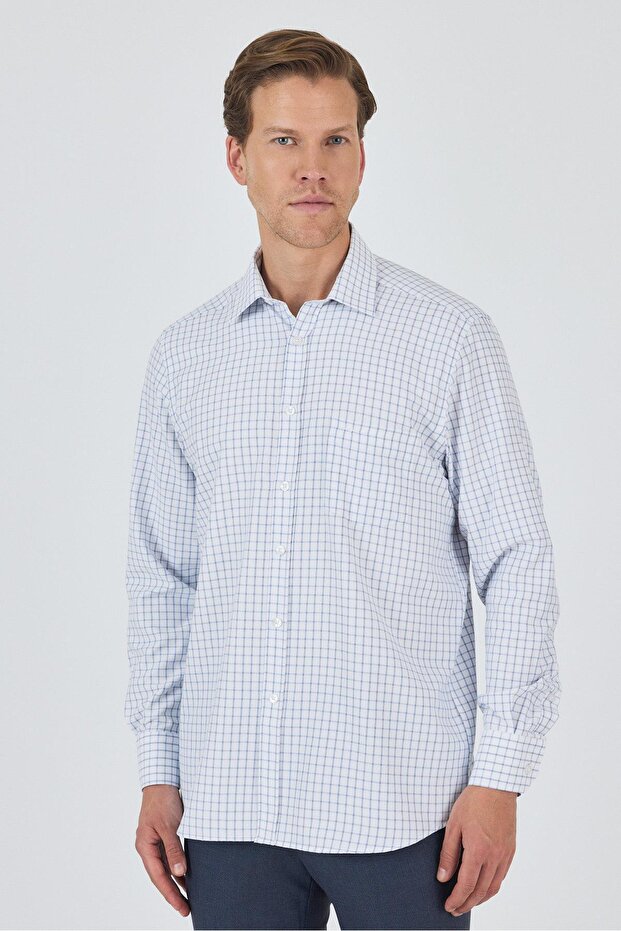 Men's Long Sleeve Checkered Pattern Hard Collar Pocket Cotton Comfort Fit Shirt 1004250176