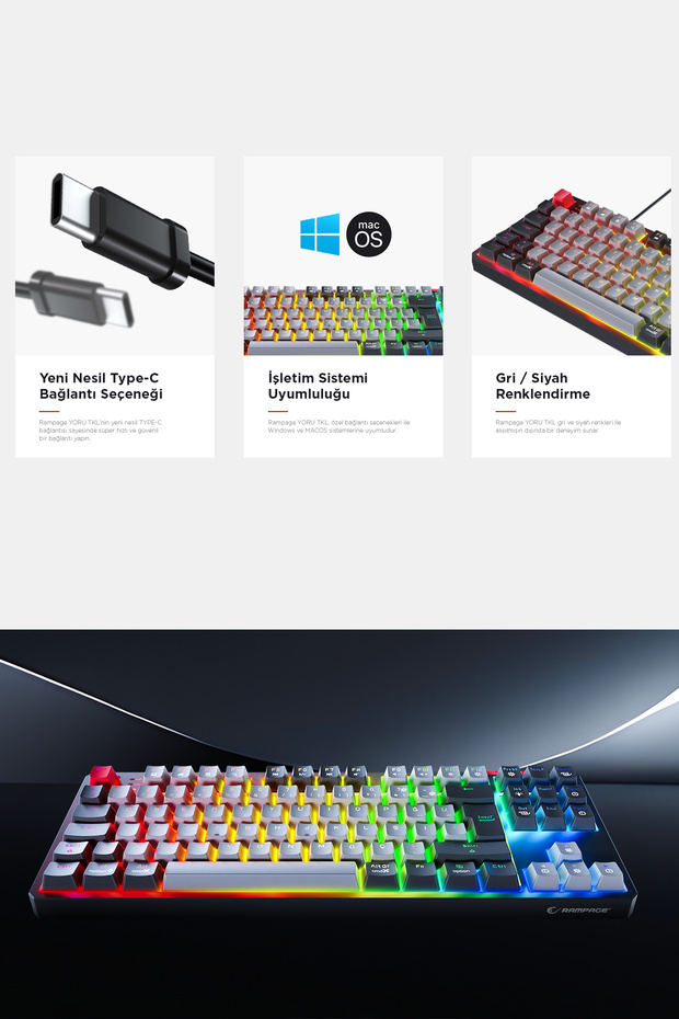 Yoru Tkl Type-c Outemu Rgb Red Swich Mekanik Oyuncu Klavyesi- Gri/siyah - 6