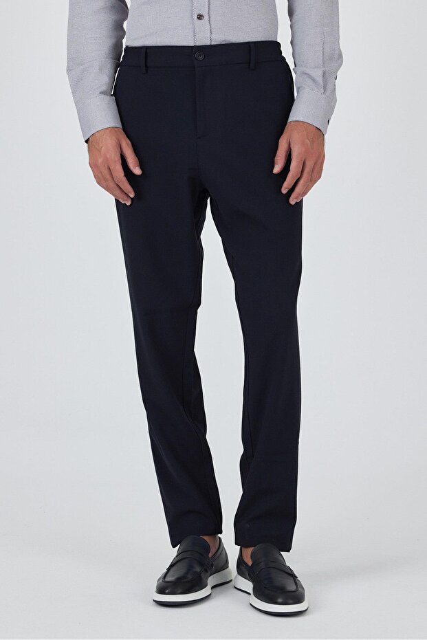 Men's Dark Navy Blue Flexible Standard Fit Jogger Pants with Side Pockets 1003250119