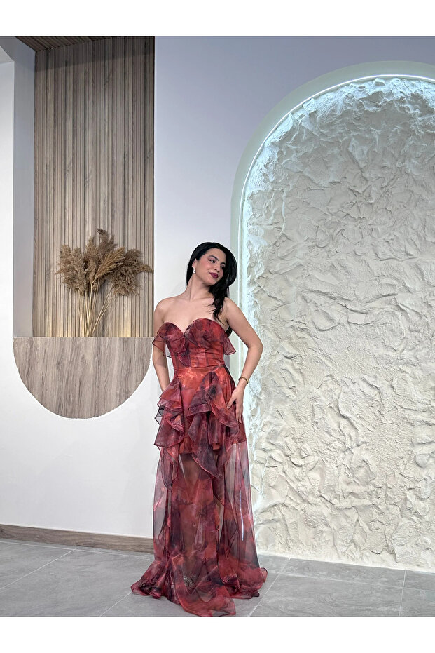 Turuncu 2000 Tül Abiye Elbise - 3