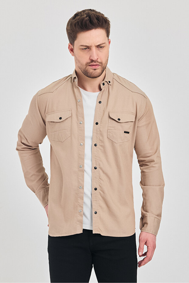 YXC Slim Fit Erkek Kot Gömlek Bej 5XL BEDEN 110-115 KİLO