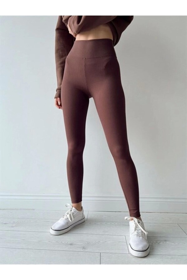 Women's Brown Ribbed High Waist Seamless Knitted Ribbed Leggings