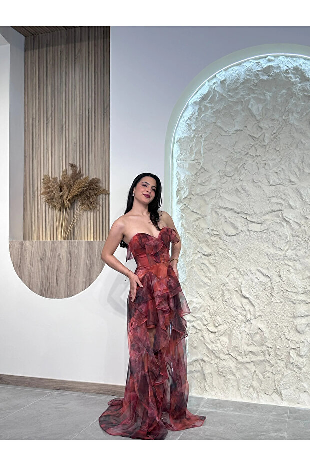 Turuncu 2000 Tül Abiye Elbise - 5