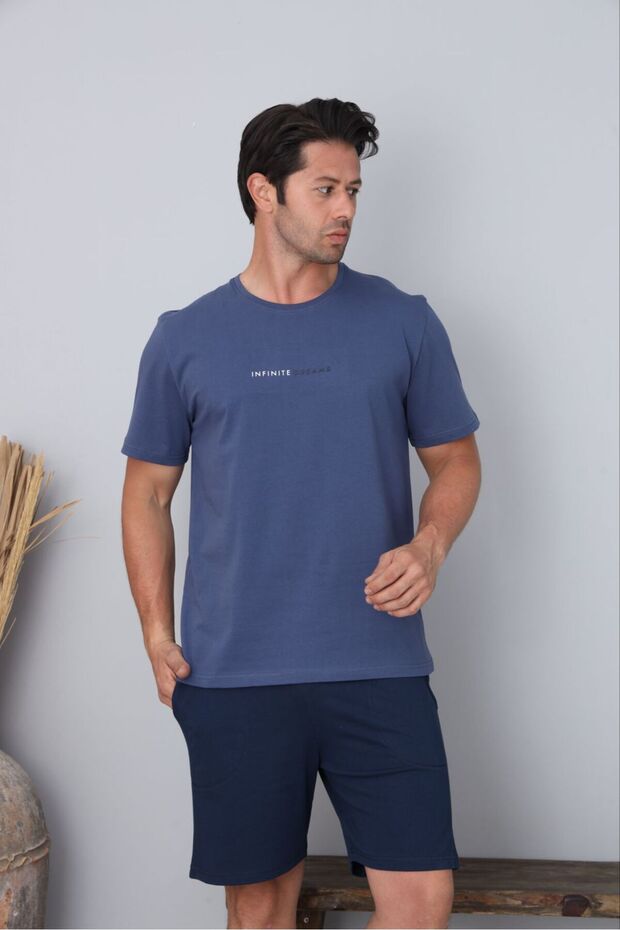 Men's 100% Organic Cotton Navy Blue Short Sleeve Natural Pajama Set with Shorts