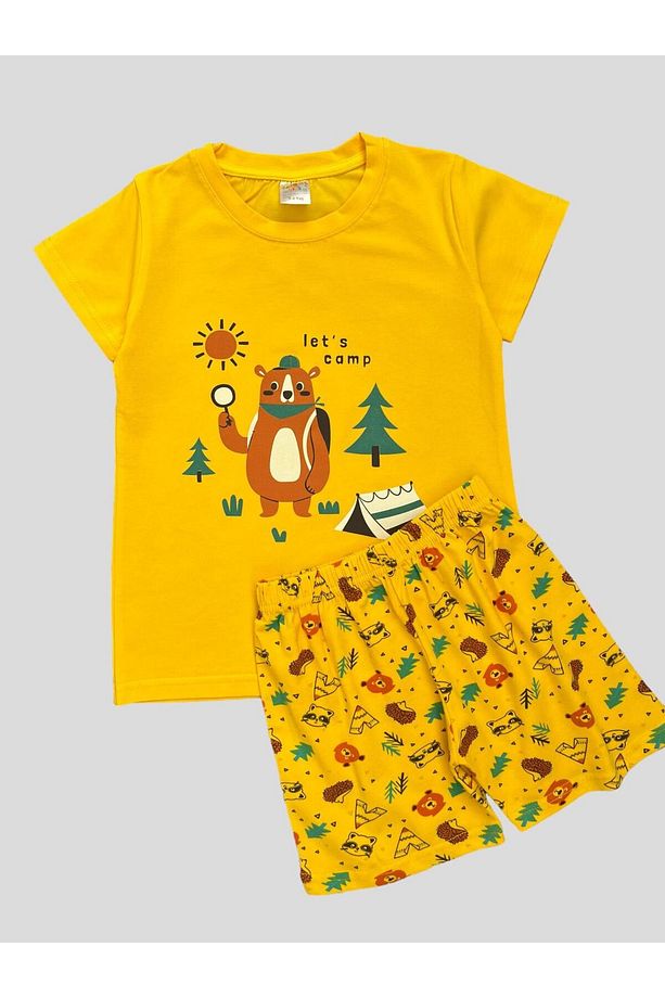 Erkek Çocuk %100 Pamuklu Sarı Ayıcık Çadır Kamp Desenli Kısa Kollu Şortlu Pijama Takımı - 1