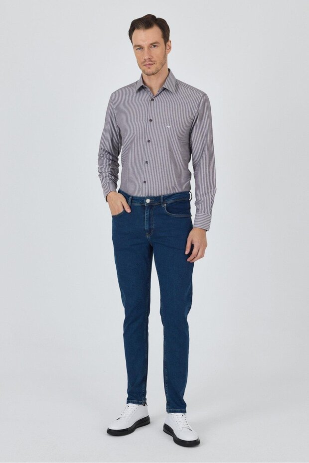 Navy Blue Gabardine 5 Pocket Straight Leg Casual Slim Fit Cotton Denim Trousers 1023250155