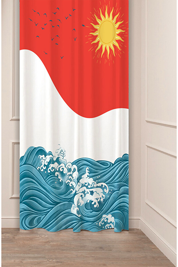Sea Wave Seagull Bird Sun Bohemian Patterned Special Design Digital Printed (Single Wing) Modern Background Curtain
