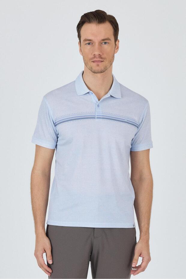 Blue Short Sleeve Printed Pique Polo Collar Pocketless Slim Fit T-Shirt 1011250168