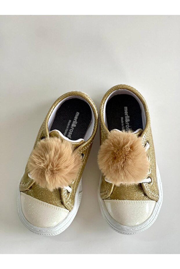 Girl's Gold Glittery Pompom Sneakers | Shiny Surface Laced Casual Model