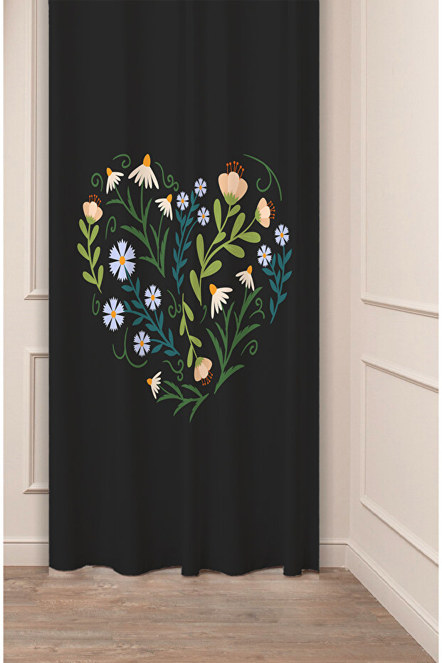 Bohemian Flower Black Heart Love Daisy Patterned Special Design Digital Printed (Single Wing) Modern Background Curtain