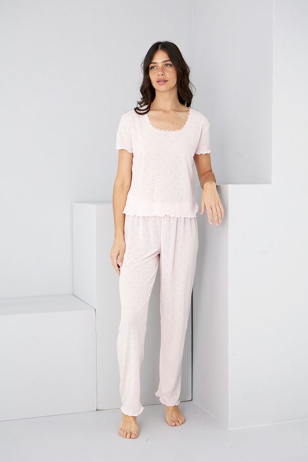 pembe Pointel Ajurlu/Delikli Örme Pijama Takım7893 - 3