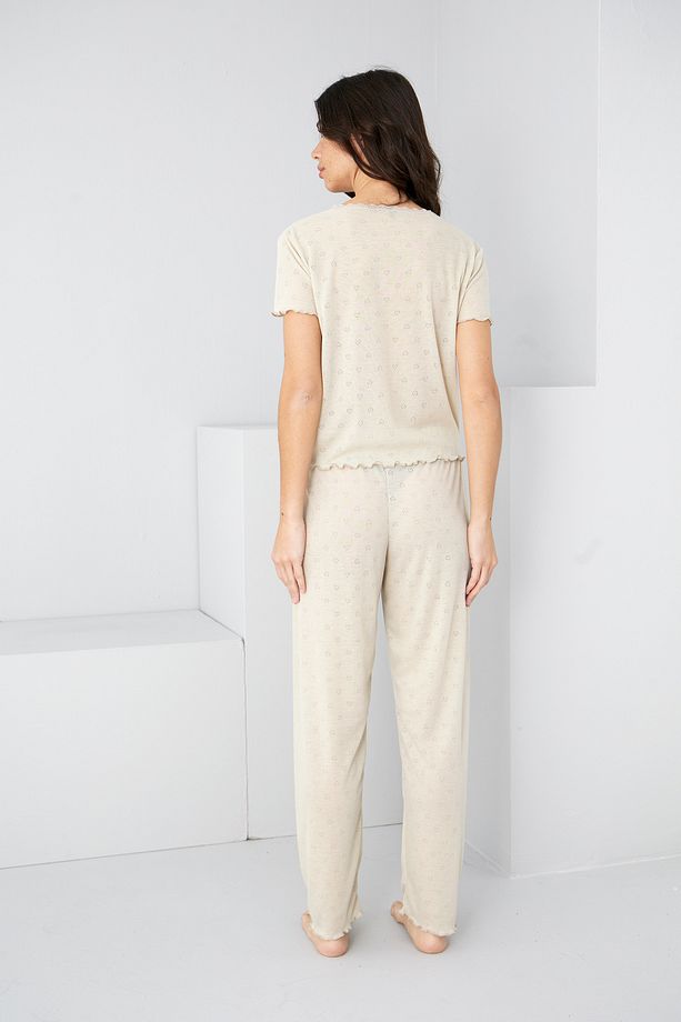 taş rengi Pointel Ajurlu/Delikli Örme Pijama Takım7893 - 4