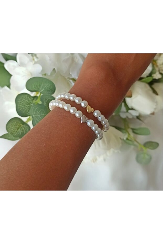 Heart Detailed Pearl Bracelet 2 Pcs