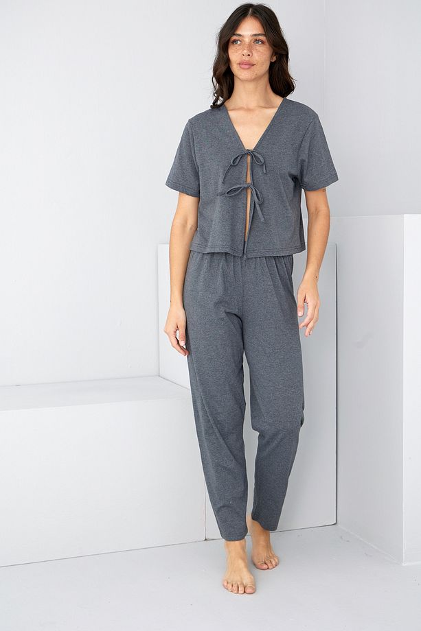 antrasit Bağlamalı Örme Pijama Takım7889 - 2