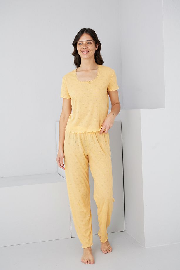 sarı Pointel Ajurlu/Delikli Örme Pijama Takım7893 - 3