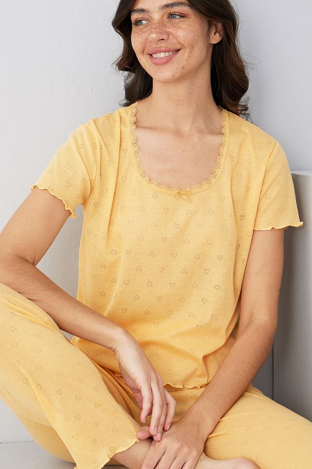 sarı Pointel Ajurlu/Delikli Örme Pijama Takım7893 - 1