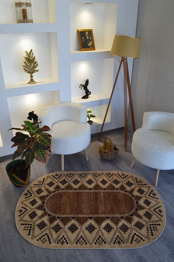 Güneş Koleksiyonu Oval Pamuklu Bohem Jüt Görünüm Dokuma Taban Modern Dekoratif Halı 1737 - 4