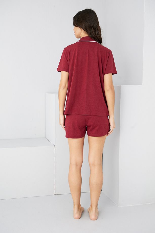 bordo Kalpli Biye Detaylı Örme Şort Takım7890 - 3