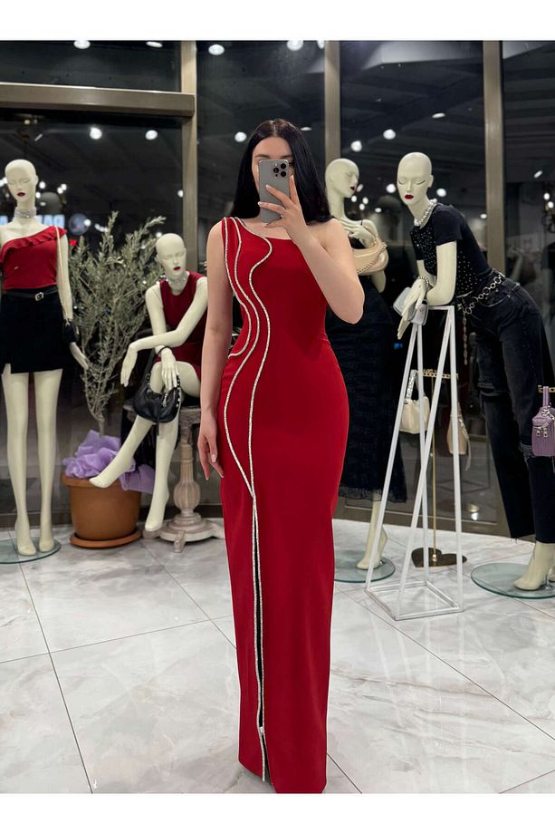 Ayana Tek Omuz Taş Dalgalı Detay Önü yırtmaçlı Midi Boy Abiye Elbise Kırmızı - 1