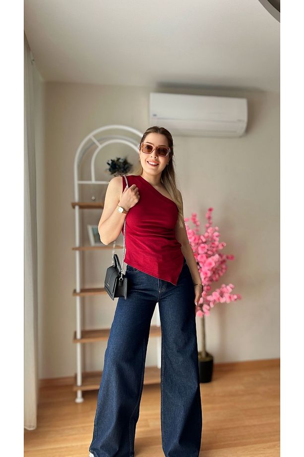 Kadın Tek Kol Asimetrik Bordo Bluz - 5