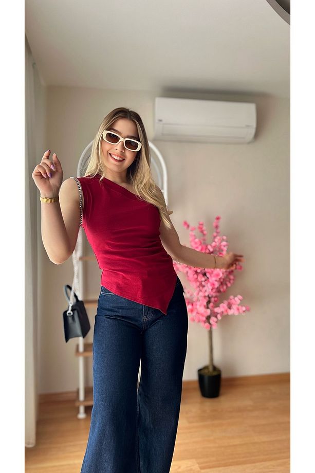 Kadın Tek Kol Asimetrik Bordo Bluz - 3