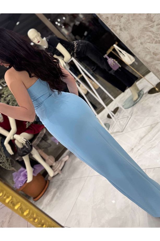 Ayana Tek Omuz Taş Dalgalı Detay Önü yırtmaçlı Midi Boy Abiye Elbise Bebe mavi - 2
