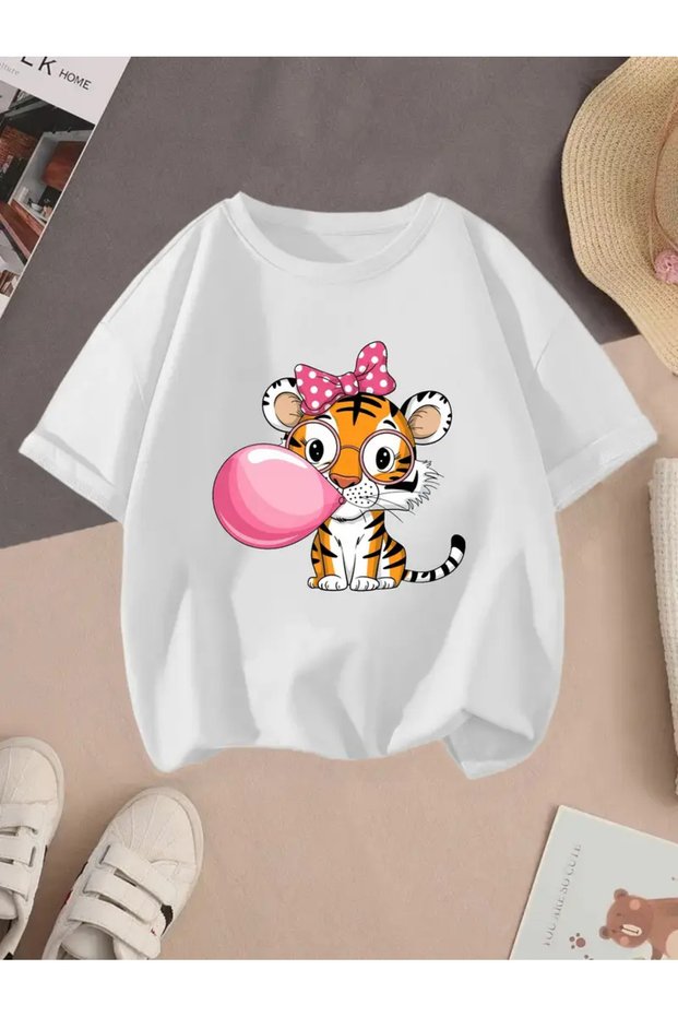 Girl's White Ribbon Lion Printed Combed Cotton T-Shirt