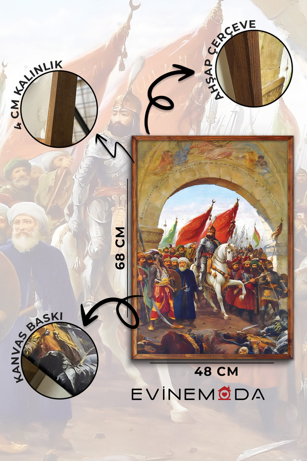 Fatih Sultan Mehmet'in Istanbul'a Girişi Siyah Çerçeveli Tek Parça Kanvas Tablo - 3
