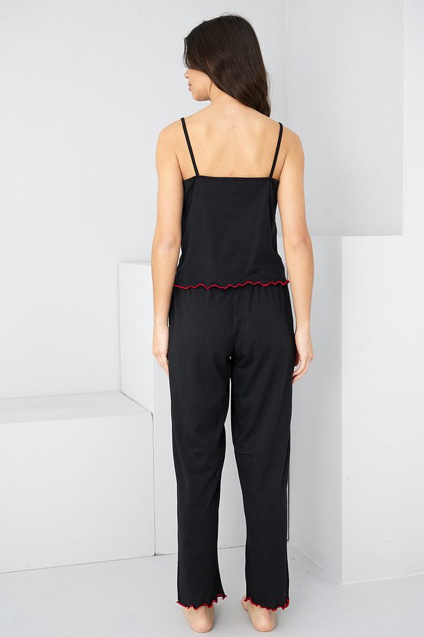 siyah kalp Nakışlı İp Askılı Örme Pijama Takım7883 - 3