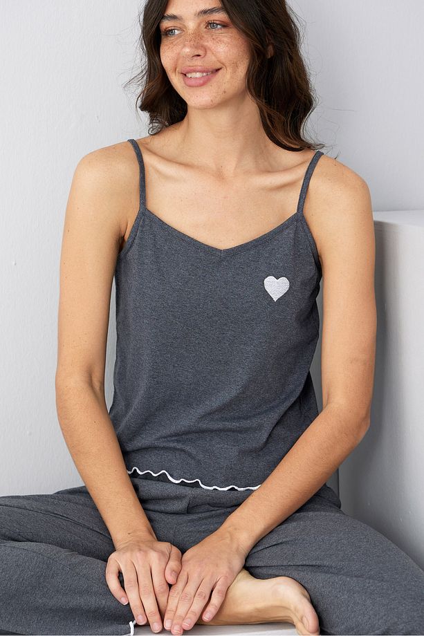 antrasit kalp Nakışlı İp Askılı Örme Pijama Takım7883 - 1