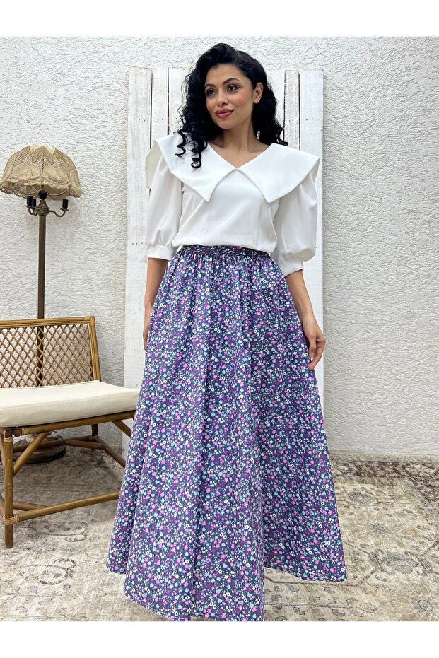 Indigo Blue-Lilac Floral Poplin Flared Skirt