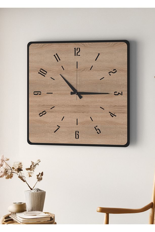 Modern Tasarım Ahşap Duvar Saati | Siyah & Sonomo MDF | 48cm Büyük Boy - 6