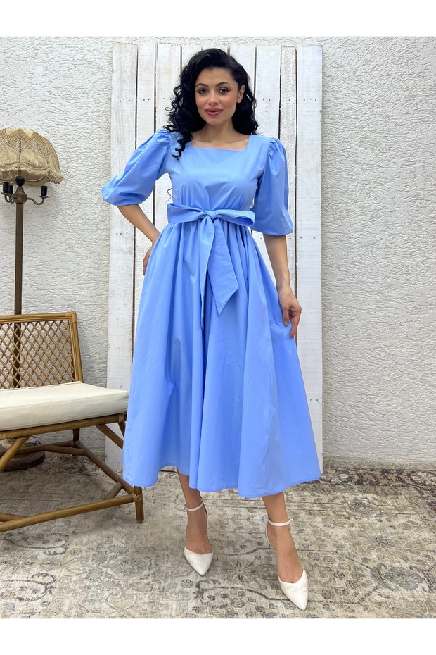Baby Blue Big Bow Square Neck Flared Poplin Dress