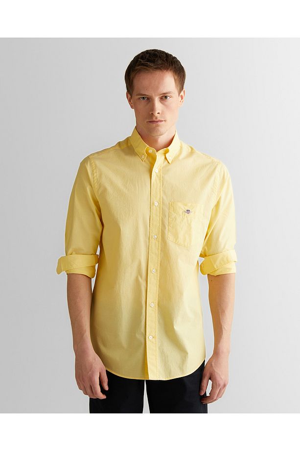 Erkek Sarı Regular Fit Düğmeli Yaka Poplin Gömlek - 1