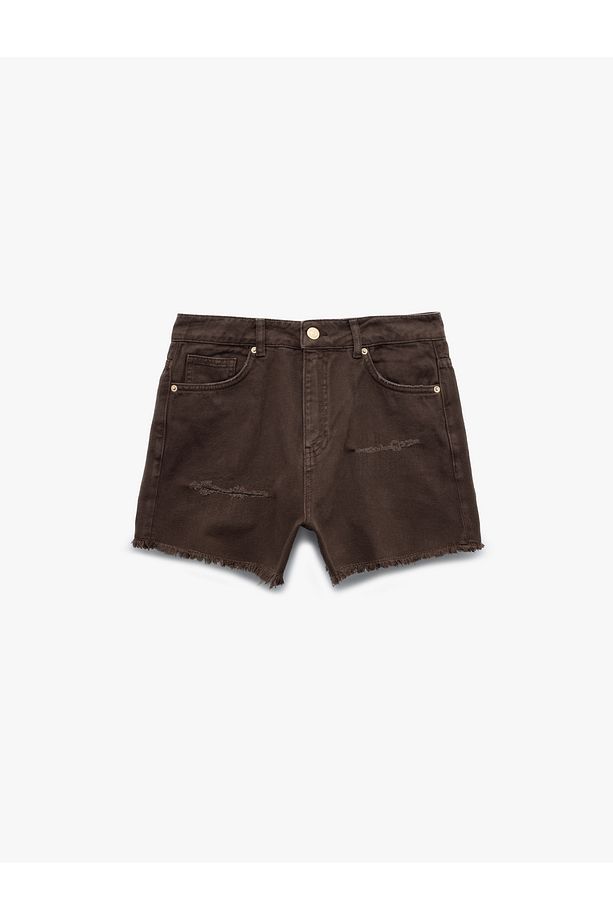 Normal Bel Pamuklu Cep Detaylı Saçaklı Paça Mini Jean Şort - 4
