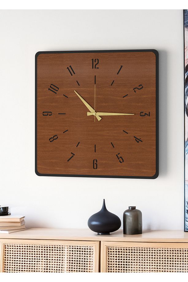 Modern Tasarım Ahşap Duvar Saati | Siyah & Ceviz MDF | 48cm Büyük Boy - 7
