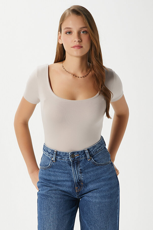 Women Favor Lux Touch Soft Texture U-Neck Beige Blouse