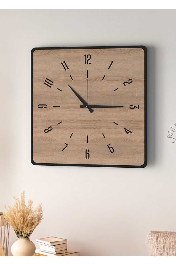 Modern Tasarım Ahşap Duvar Saati | Siyah & Sonomo MDF | 48cm Büyük Boy - 5