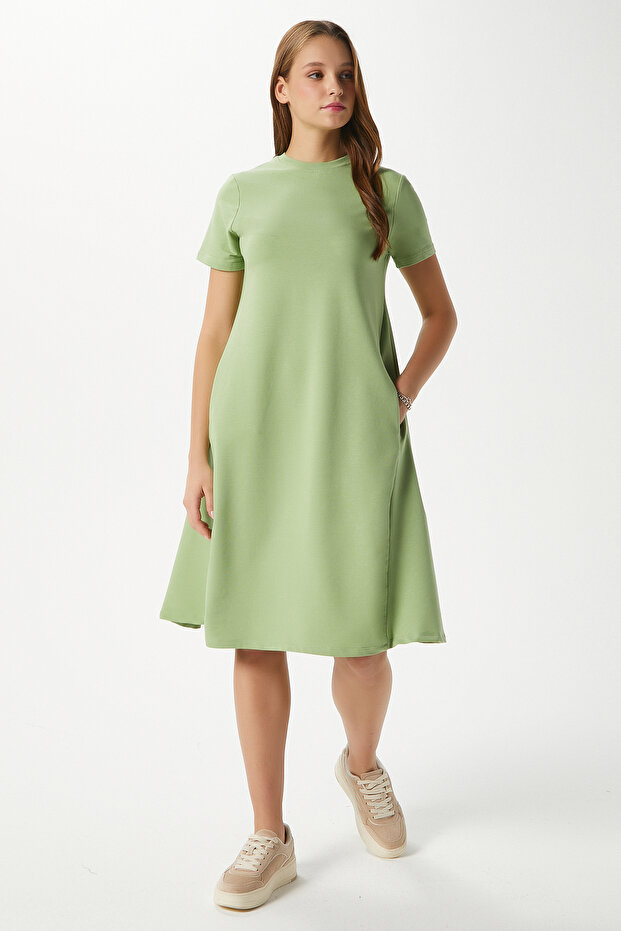 Women's Hanna Pocket Bell Cut Green Combed Cotton Summer Dress 14266