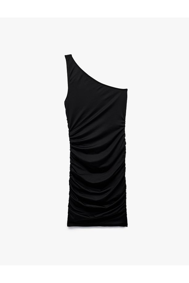 Drapeli Slim Fit Asimetrik Tek Omuz Elbise - 5