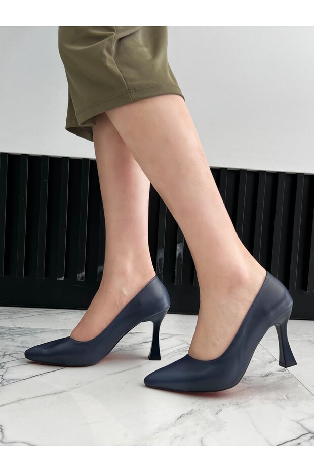 Luna Model Pointed Toe Daily Use Heeled Shoes Matte Navy Blue