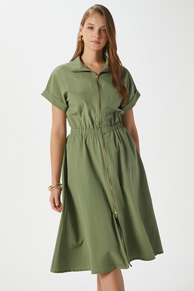 Women's Hilda Khaki Zippered Waist Elastic Pocket Dress