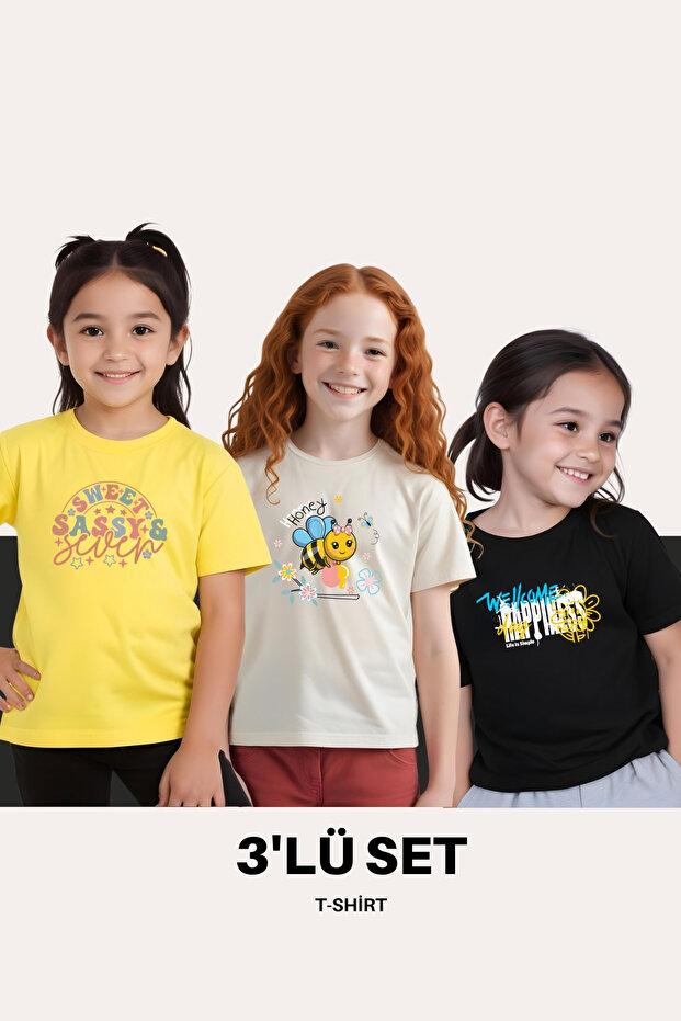 Girl's 3-Piece Happines- Honey-Sassy Printed Tee
