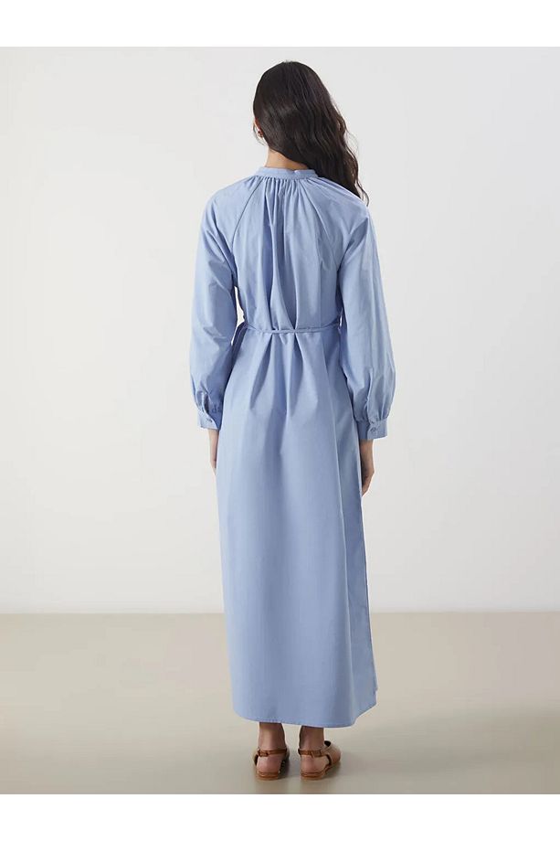 LCW Modest Mavi Bağlamalı Yaka Poplin Gömlek Elbise - 4