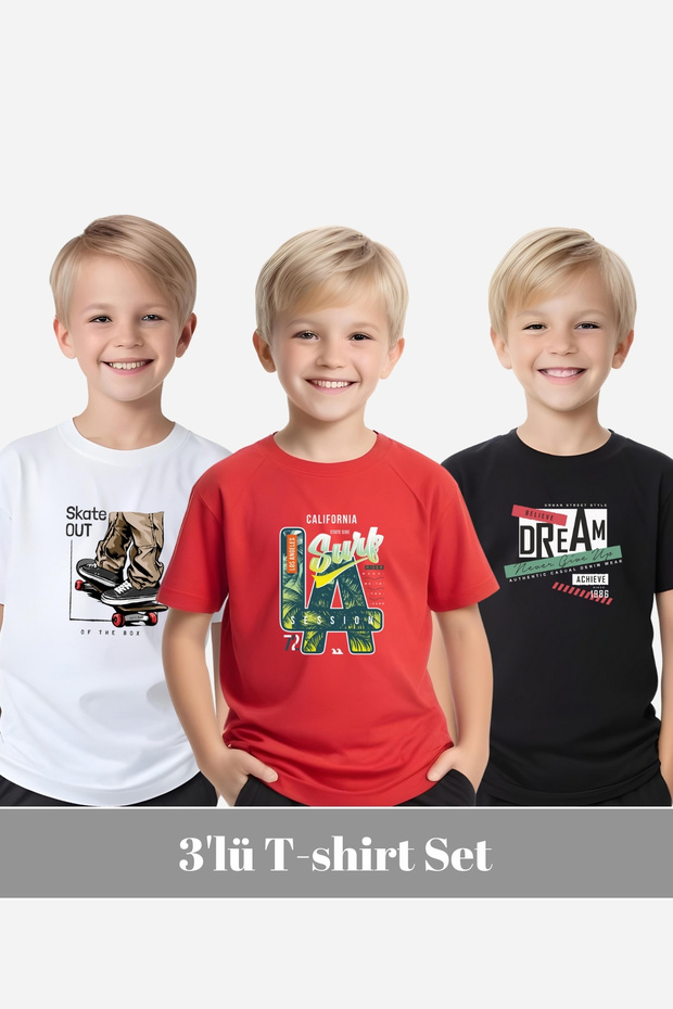 Boys Round Neck 3-Piece Basketball-Surf Al Day Printed T-Shirt