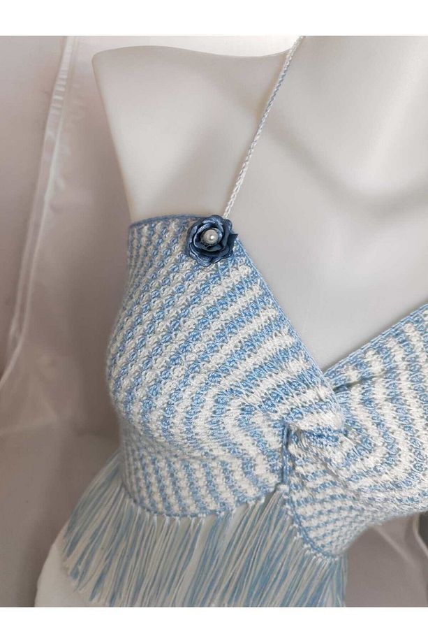 Yazlık Koton İp El Örgüsü Püsküllü Crop İnce askılı bluz - 4
