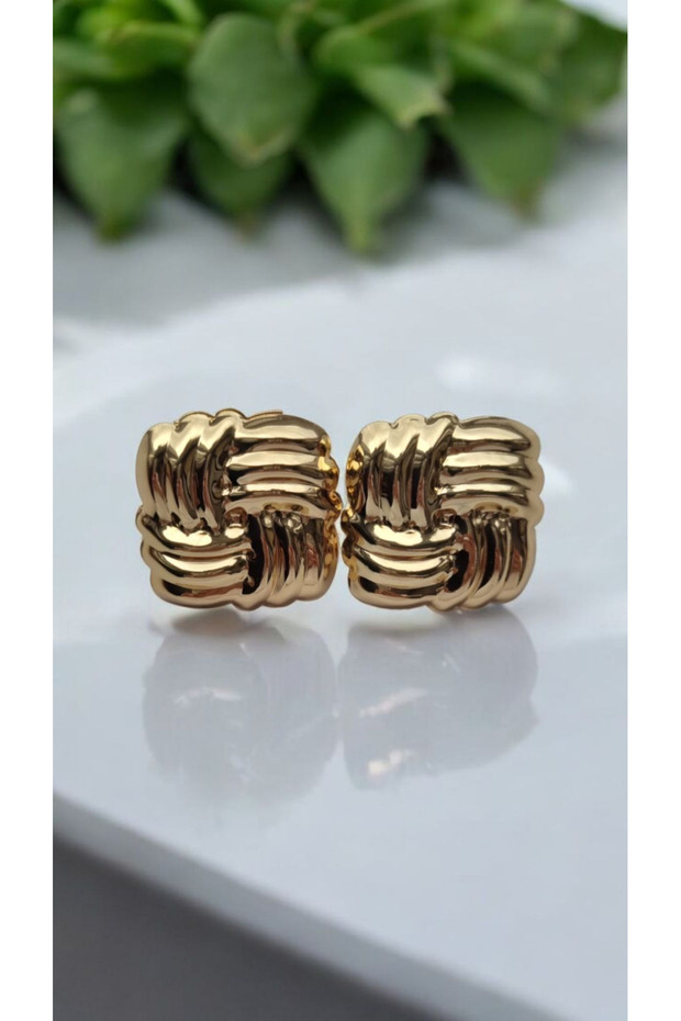 Vip Stainless Steel Gold Striped Square Earrings