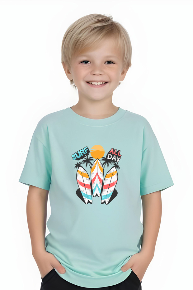 Boys Round Neck Surf All Day Printed T-Shirt