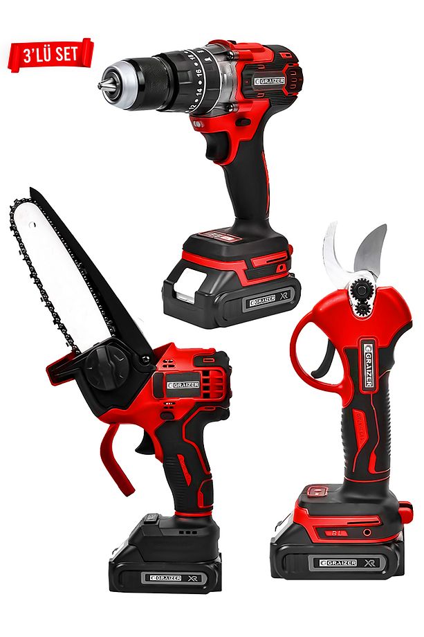 Powerforge 3'lü Set Kömürsüz Motor Şarjlı Budama Testeresi-Şarjlı Budama Makası-Şarjlı Matkap-Krmz - 3